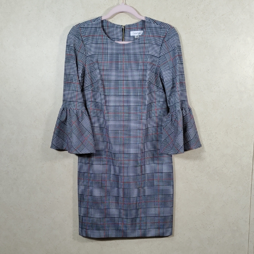 H186 Calvin Klein black, white, and red plaid bell sleeve dress 4